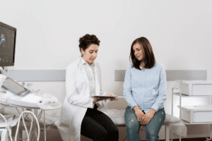A woman having a consultation with a healthcare professional